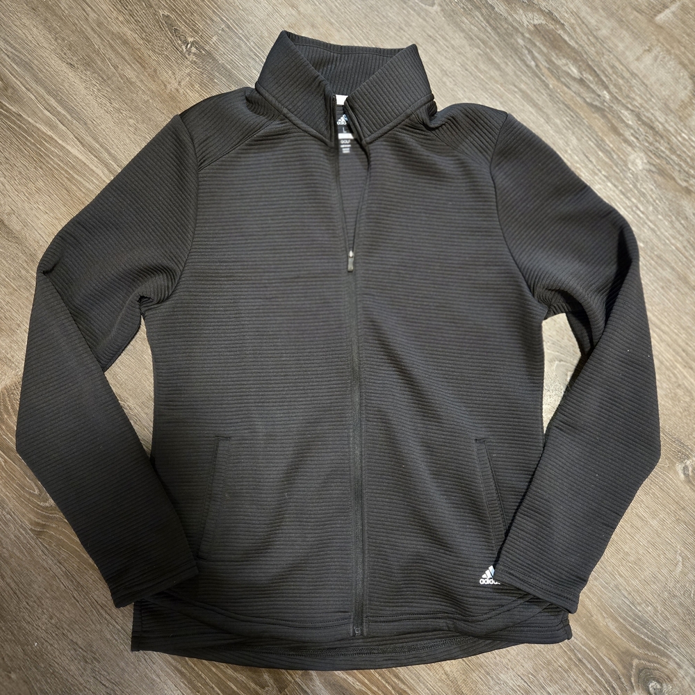 Adidas Jacket Womens L Black Full Zip Solid Graphic Ribbed Soccer Gym Golf
